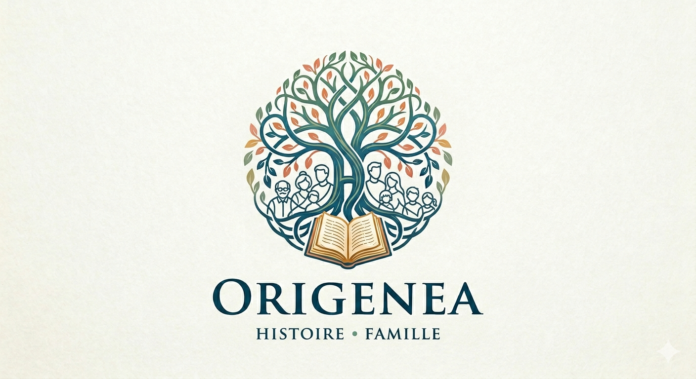 Logo AquiGenea : arbre généalogique, livre ouvert et silhouettes de famille